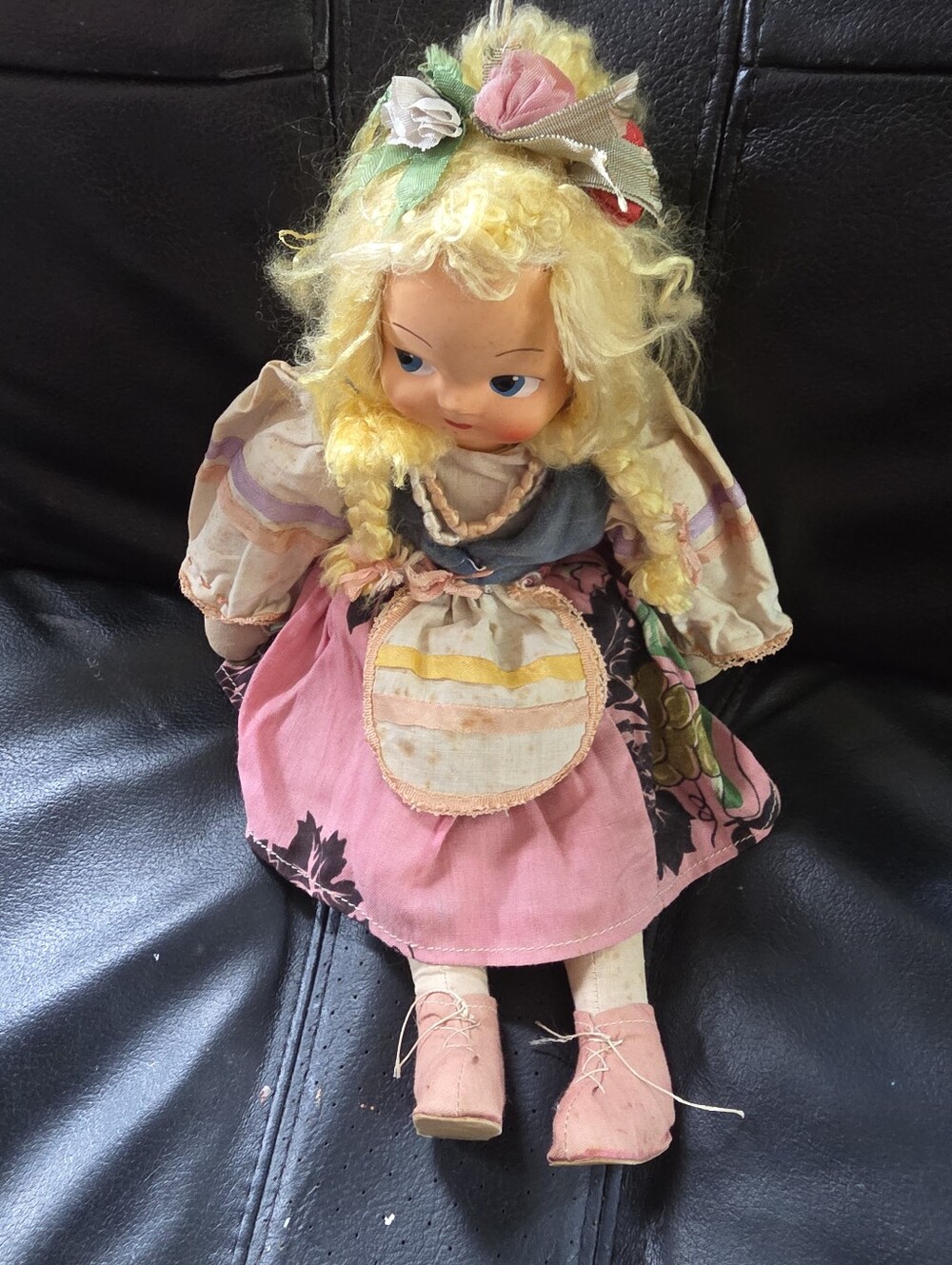 Vintage 13” Poland doll unbranded doll Sawdust? Jointed Legs Plastic Face